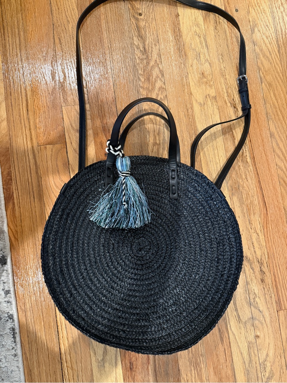 Rebecca Minkoff Black Round Straw Tote with Blue Tassel